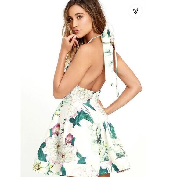 Lulus Hydrangea Haven Cream Floral Halter Tie Neck Skater Dress Mini Size XS - Picture 2 of 14